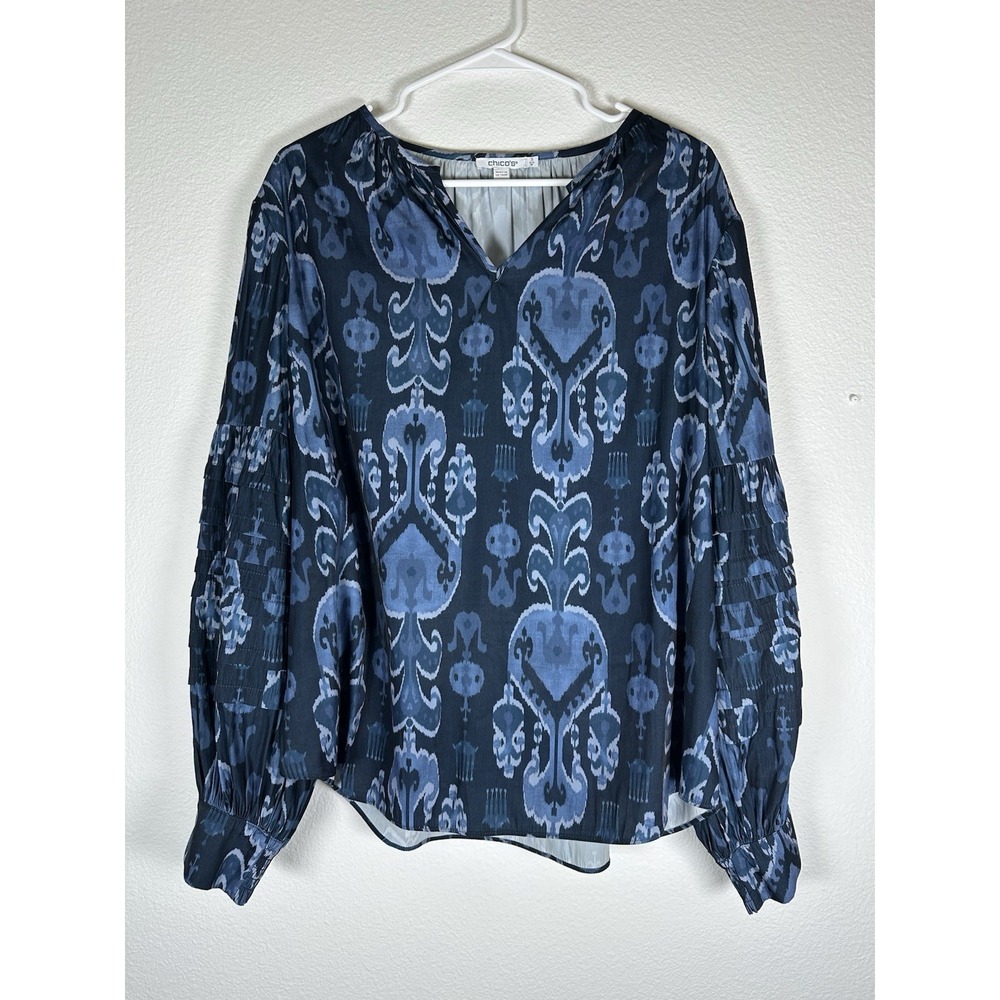 CHICO'S Top Womens Size 3(US 16) Sea Island Indigo Blue Pleated Sleeve Boho